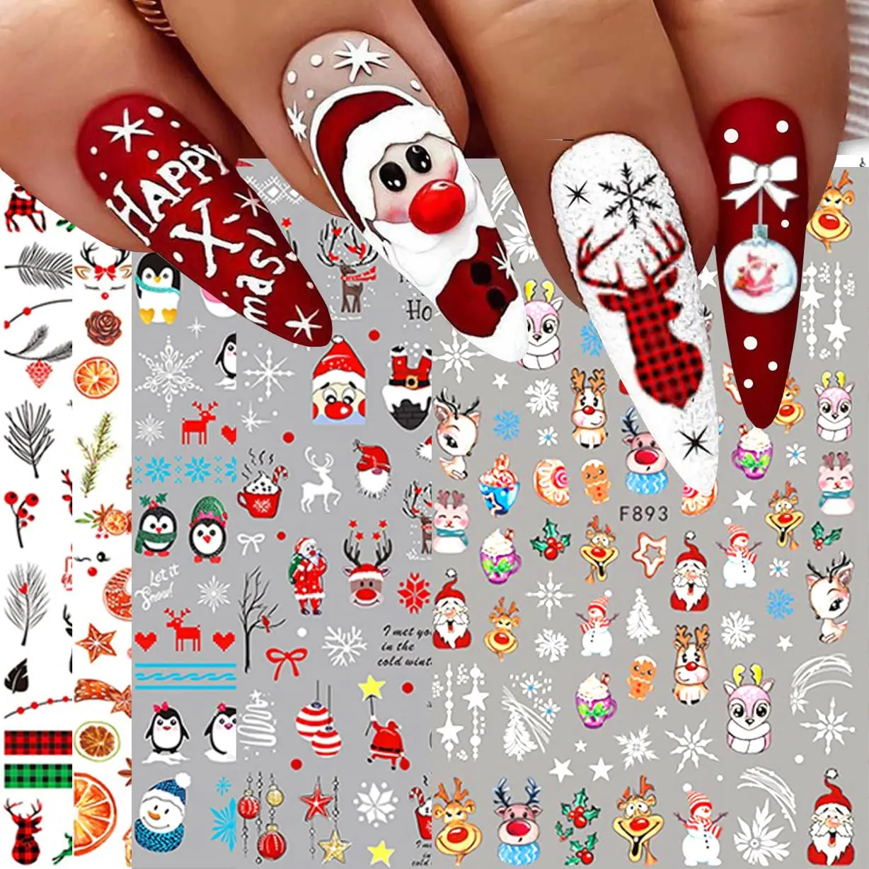 10 Sheets Christmas Nail Art Stickers Decals Self-Adhesive Pegatinas Uñas Navidad Snowflake Snowman Nail Supplies Holiday Nail Art Design Decoration Accessories