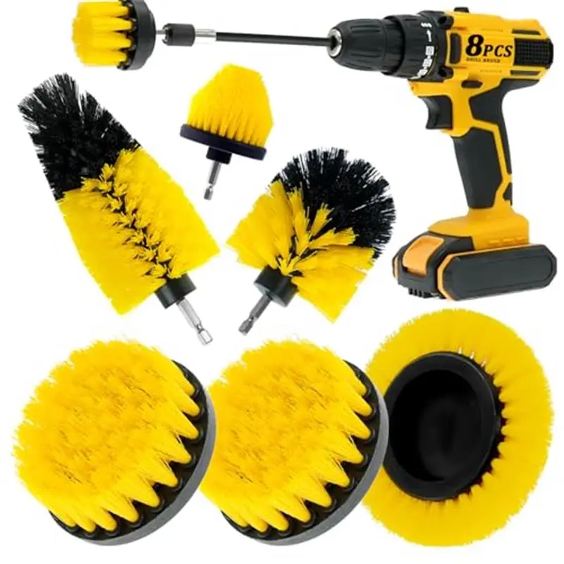 8 Pcs Drill Brush Attachment Set, Power Cleaning Scrub Brush Kit with Extend Long Attachment, All Purpose Drill Scrub Brushes for Car, Grout, Floor, Tub, Bathroom and Kitchen (Yellow)