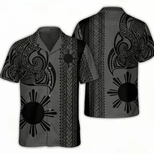 Gray Black Filipino Sun Hawaiian Shirt, Polynesian Tribal Aloha Shirt, Island Button Up, Men's Beach Vacation Shirt Gift