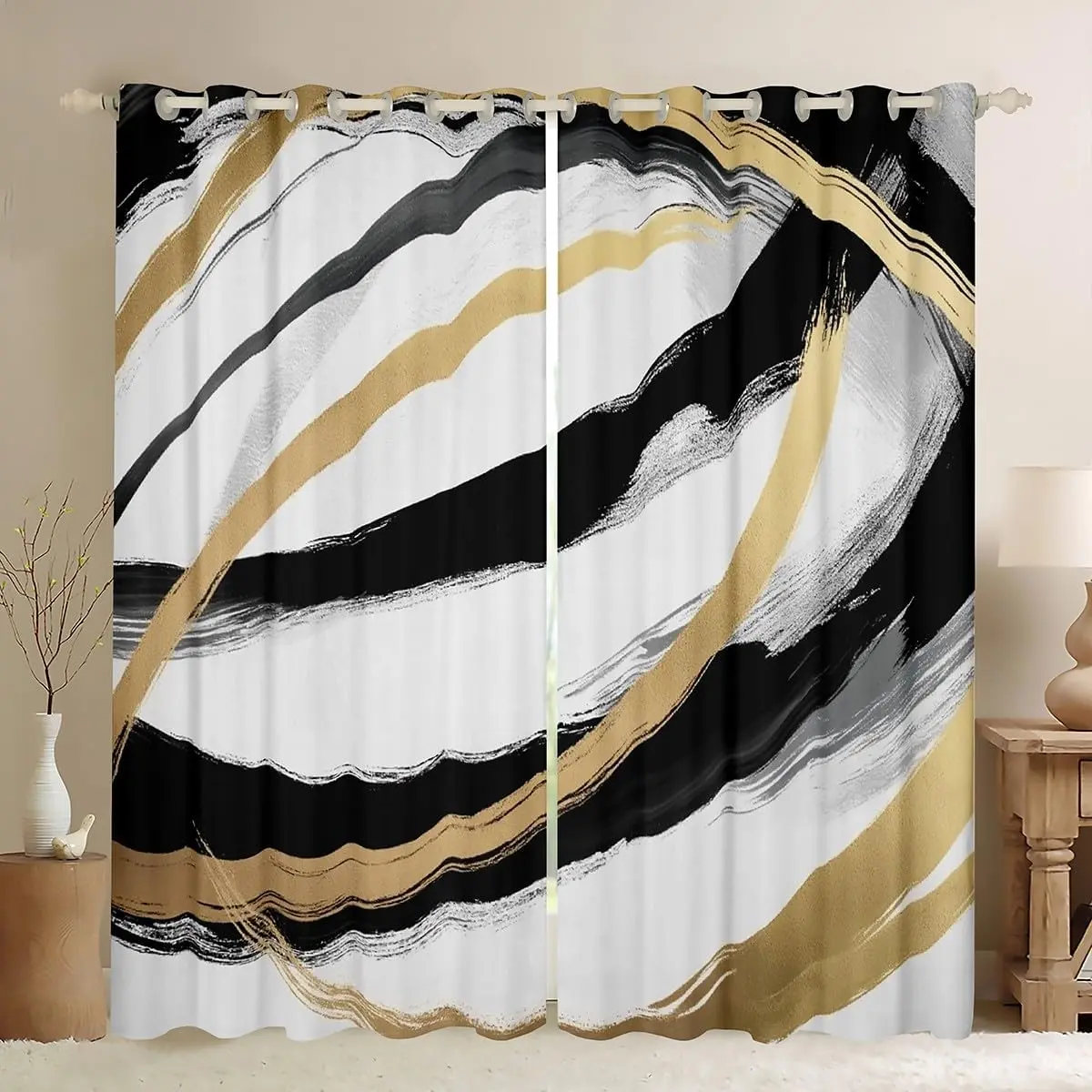 Black White Gold Blackout Shades (2 Panels) Line Abstract Curtain Modern Geometric Window Drapes Soft Microfiber Room Decor