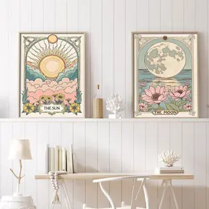 2pcs/set Frameless Vintage Style Art Prints, Bohemian Celestial Tarot Canvas Set, Sun Moon Floral Patterns, Waterproof Reusable Wall Decor