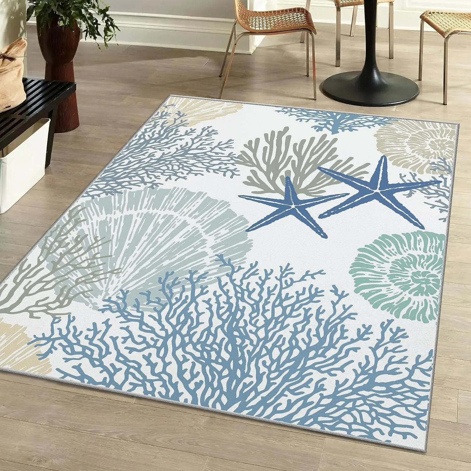 Coastal Area Rugs Nautical Beach Themed Non-Slip Machine Washable Rugs Modern Floor Carpet for Living Room Bedroom, 5x7, Blue