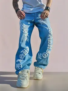 Men's Letter Print Denim Jeans, Loose Casual Straight Leg Jeans for Daily Wear, Jeans for Men, Men's Trousers for All Seasons, Jeans for Men, Cotton, Relaxed Jeans, Streetwear, Medium Wash
