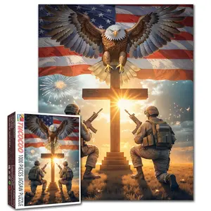 Tucocoo Patriotic Soldier Cross Eagle 1000 Pieces Jigsaw Puzzle Adult, American flag with kneeling soldiers and glowing cross, faith tribute scene, relaxing family game, stress relief, brain challenge, wall decor gift adults seniors 27.5x20inch 70x50cm