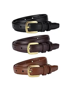 Women's Trendy Caramel Color Skinny Waistline Fit Belt Gold Buckle Design Versatile Accessory Denim Jeans Suit Skirt Ladies Waistband