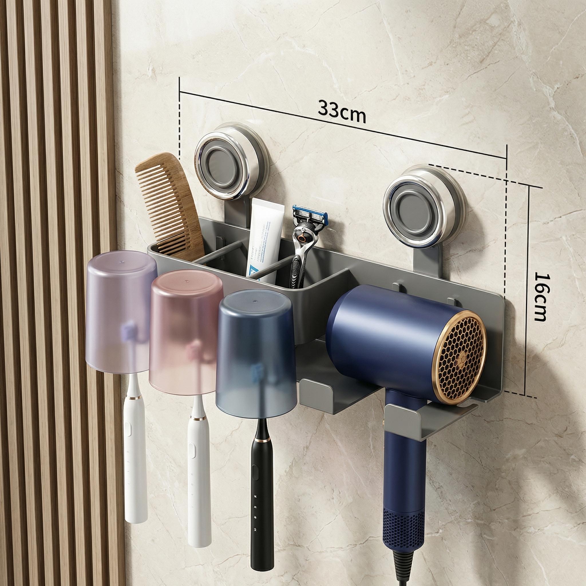 No Drill Suction Cup Hair Dryer Holder, Space Aluminum Bathroom Organizer with Toothbrush Storage, Strong Load-Bearing Wall Mount Rack for Renters