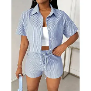 A two-piece set, including a collar striped single breasted short sleeved shirt and a pair of lace up shorts. Very suitable for casual summer beaches and outdoor activities, as well as for casual wear and multifunctional items.RAIMENTRY