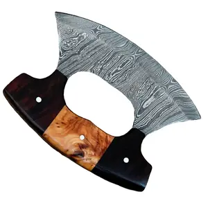 Handmade Damascus Ulu Knife | Wood Handle Inuit Style Tool | Unique Kitchen & Collectible Gift