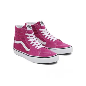 VANS Women's White High Top Sk8-Hi Lace-Up Round Toe Casual Trainer - Fuchsia Red/True White, Comfortable Shoe Sneaker for Casual Wear
