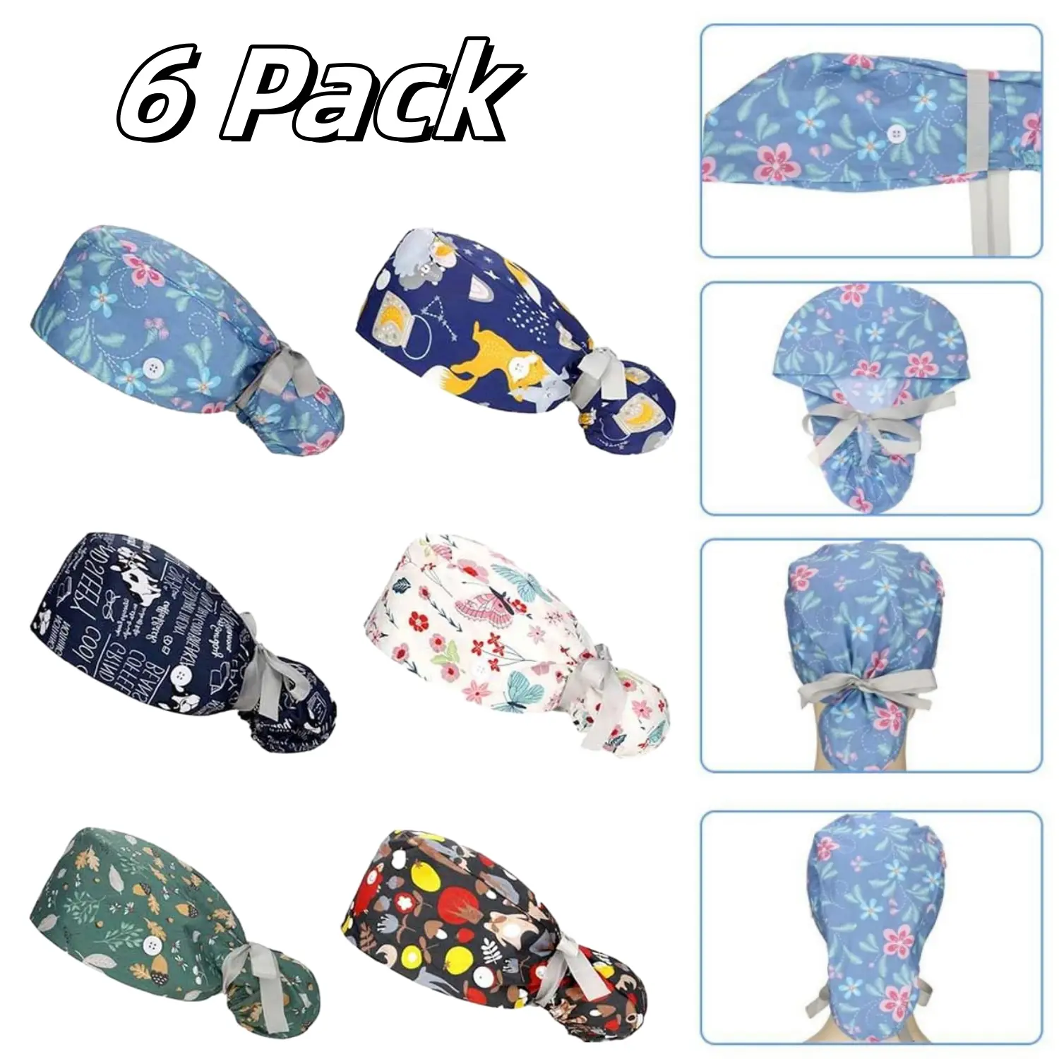6 Pcs Cute Animal Print Adjustable Scrub Caps with Buttons - Surgical Nursing Sloth Yoga Scrub Cap – Cute Animal Print – Medicus Caps main image 4
