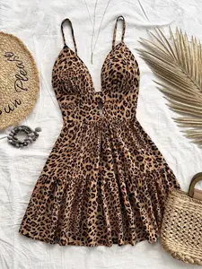 Women's Leopard Print  Cami Dress,   Fashion Casual Sleeveless Short Dress for Beach Holiday Vacation, Ladies Summer Clothes