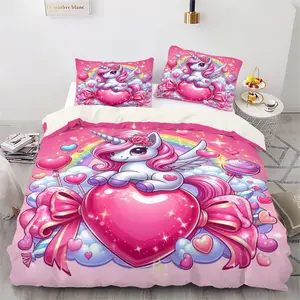 Cartoon pink unicorn bedding set of 3 pieces, suitable for bedrooms and guest rooms, including 2 pillowcases and 1 duvet cover, made of polyester material, suitable for all seasons, perfect for couples, and perfect for bedroom and guest room decoration