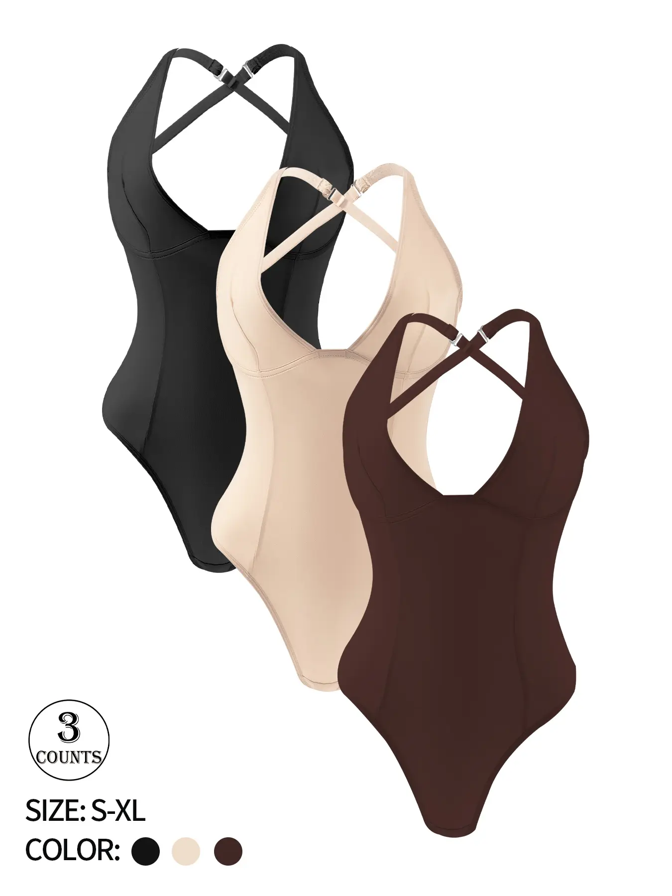 3 piece set high-quality, high-elasticity sexy cross-back shapewear with underwire and adjustable straps, no padding, Ruched Tummy Control and hip-lifting bodysuit design, suitable for daily casual wear, women's sexy shapewear bodysuit
