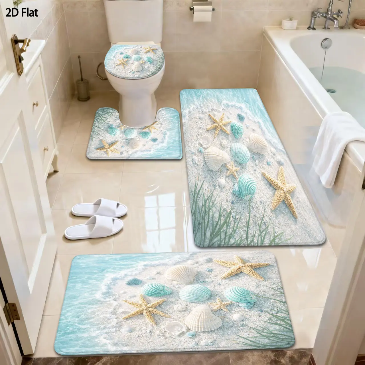2D Flat Beach Shell & Starfish Anti-Slip Bath Mat Set, 3/4pcs Soft Thick Flannel Mat - Quick-Drying, Water-Absorbent for Bathroom Shower Entrance & Toilet Home Decor