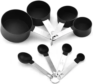 8 Pcs Measuring Cups and Spoons Set, Stackable Black Measuring Spoons for Measuring Dry and Liquid Ingredients Small Teaspoon with Plastic Head
