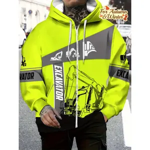 Men's Bright Yellow Safety Hoodie with Reflective Stripes - Durable Polyester, Heavy Machinery and Excavator Design, Lightweight and Comfortable, Suitable for Construction Sites, Heavy Machinery Operators, Site Workers, Autumn and Winter Use, Heavy Machin