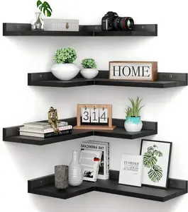 4 Tier Floating Corner Shelves Black Set of 4, Rustic Pine Wooden Floating Corner Wall Shelf for Wall Decor Storage, L Shaped Corner Shelf Wall Mount for Bedroom, Living Room, Bathroom, Kitchen.