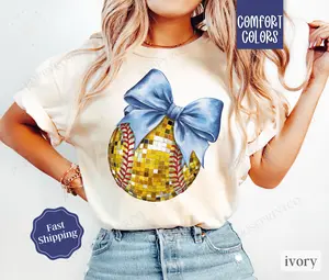 Disco Softball Bow Shirt Comfort Colors, Game Day Womens Softball Tee, Womenswear Oversized Crewneck, Coquette Clothing
