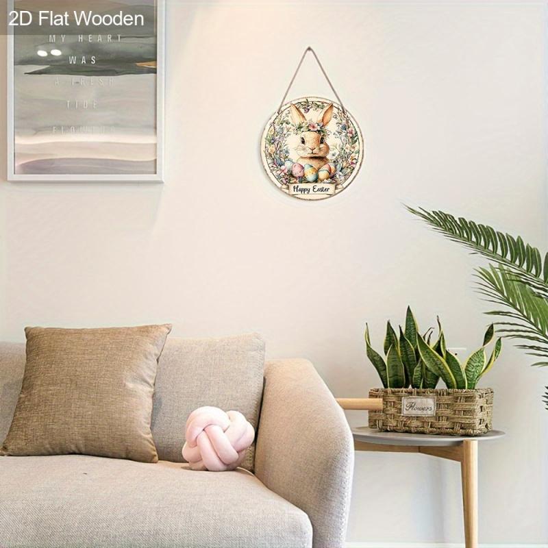 1PC Retro Easter Decoration - Floral Bunny and Pastel Egg Hanging Ornament - Happy Easter Sign - Large Size 7.87inch / 20cm Home, Party, Cafe Wall Decoration - No Electricity Required - Pastel Color Tone - Easter Gift Idea, Bunny Decoration