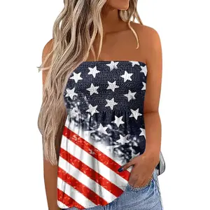2025 New Women's Fashion Clothing Independence Day Printed Tube Top T-shirt for Women Flowy Strapless Tube Top Blouse