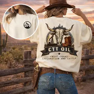 CTT Oil Exploration West Texas Cattle T-Shirt, Oilfield Ranch Graphic Landman Tee, Double Print Heavyweight Cotton Unisex