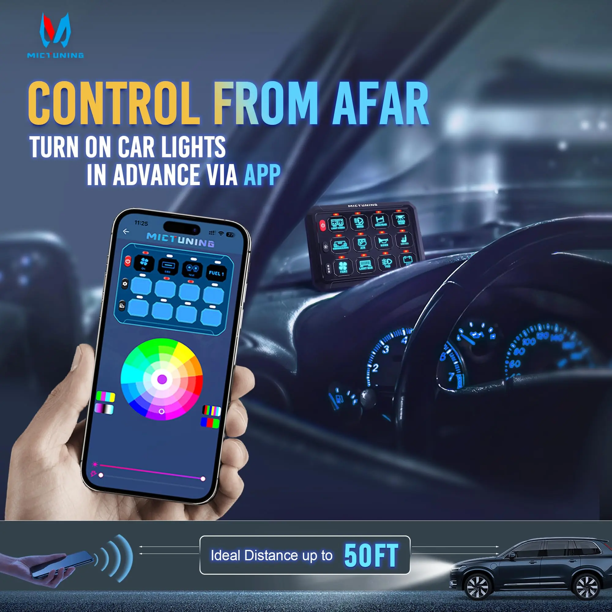 MICTUNING 8-Gang RGB Touch Switch Panel – 60A Waterproof Aux Power Relay System With Bluetooth App Control
