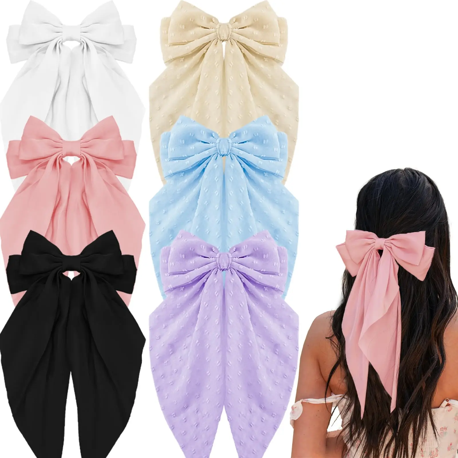 6PCS Big Hair Bows for Women,Bow Hair Clips Hair Ribbons Satin Long Tail Coquette Bows Cute Aesthetic Hair Accessories for Women Gifts