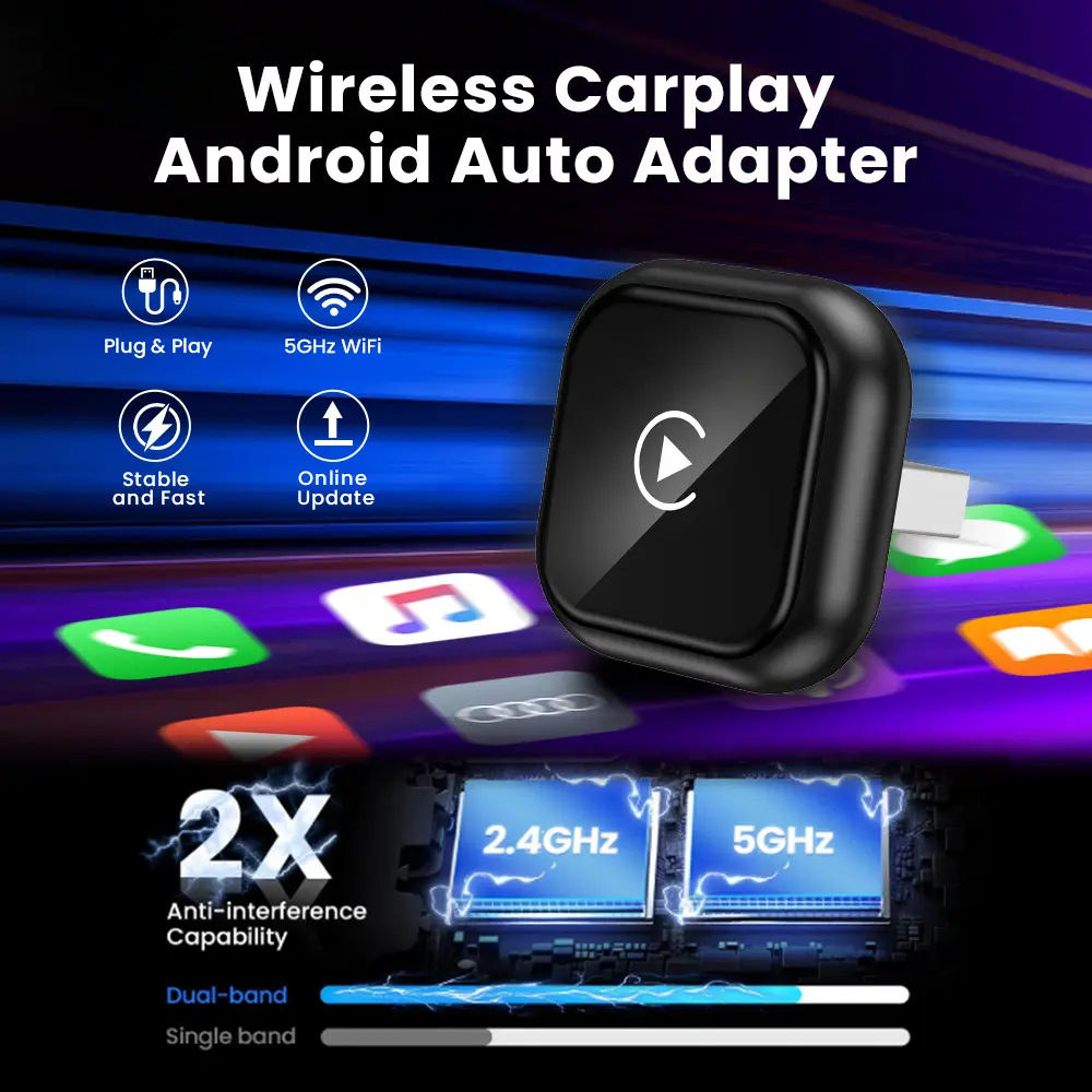 2026 New 2-in-1 Wireless Carplay & Android Auto Smart Dongle, Phone-to-Car Carplay Converter with FM Transmitter