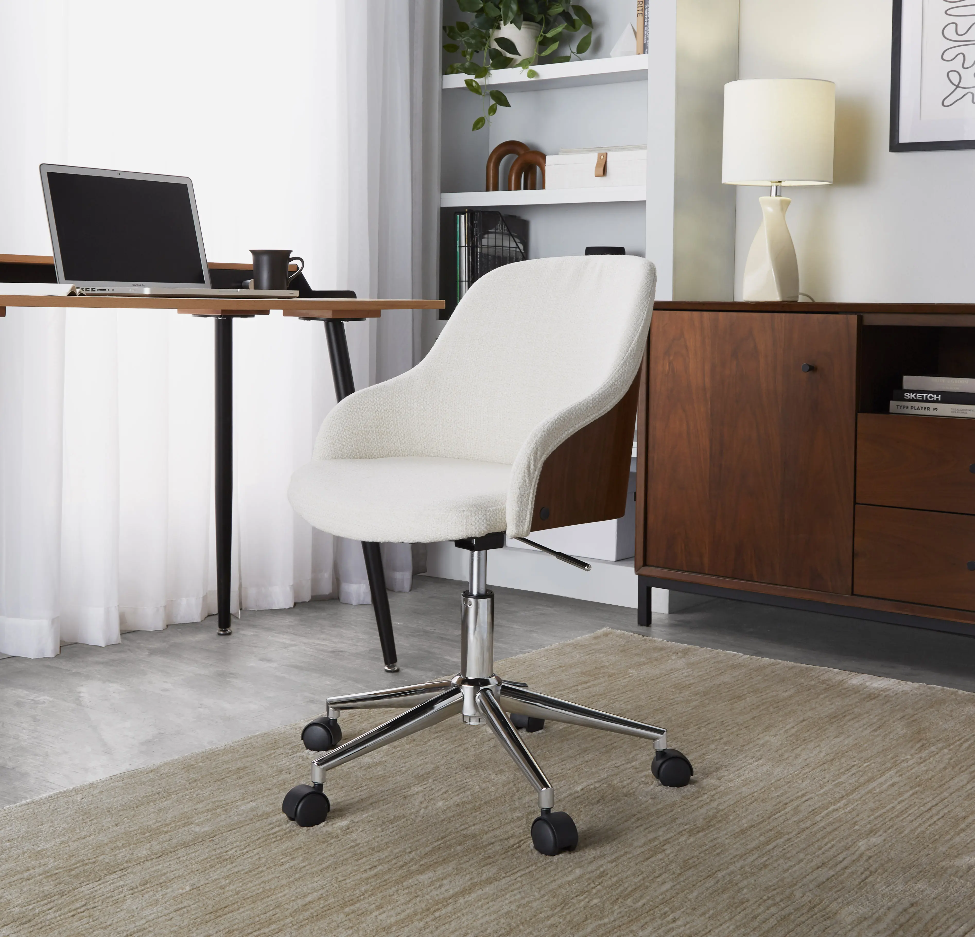 Office Chair with Chrome Base, Walnut Wood Accents, and Cream Upholstery