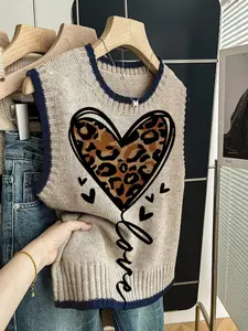 Women's Spring Summer Casual Loose Round Neck Sleeveless Knit Top, Deep Blue Contrast Binding Heart Leopard Print, Outerwear & Layering