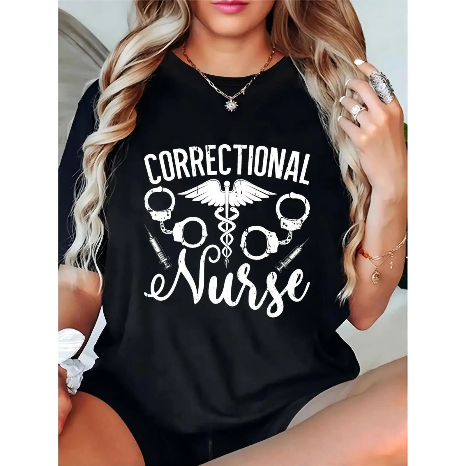 Women's Correctional Nurse Graphic T-Shirt with Caduceus, Handcuffs & Syringes Print | Casual Medical Workwear for Healthcare Professionals, Nursing Apparel