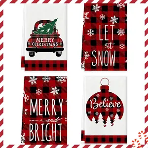 4pcs Towel Set Christmas Kitchen Towels and Dish Towels, Buffalo Grid Retro Truck Christmas Tree Christmas Ball Snowflake Design, Merry Christmas Handkerchiefs, Tea Towels, Cleaning Towels, Suitable for Kitchen Decoration, Home Decoration