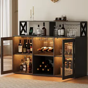 Bar Cabinet with LED Lights & Charging Station, Liquor Cabinet with 3 Outlets, Wine Rack Sideboard with Adjustable Shelves, Coffee Bar Storage for Kitchen Living Dining Room