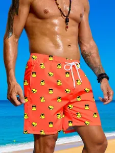 Men's Duck Print Beach Shorts for Summer, Breathable Comfortable Design, Ideal Holiday Swimwear, Swimming Trunks with Drawstring Waist