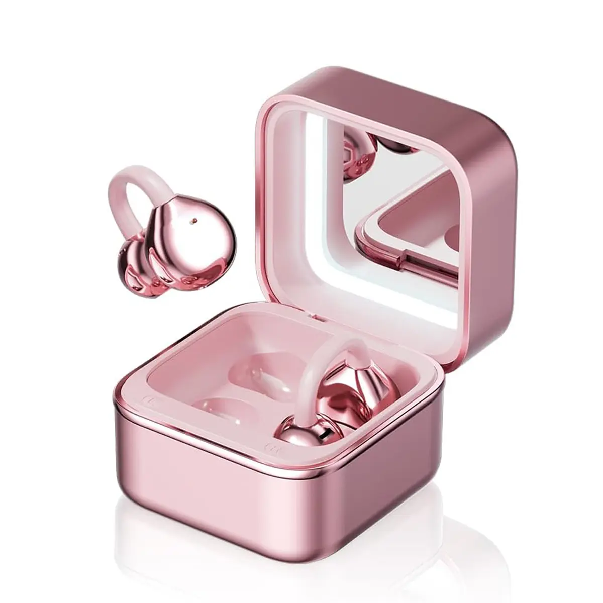 Keai M161 Clip-On Open-Ear Wireless TWS Bluetooth Headset - Water Resistant, Low Latency, Ultra-Long Battery Life, Built-In Makeup Mirror, Multi-Platform Compatible with Android/iOS Mobile Smartphones