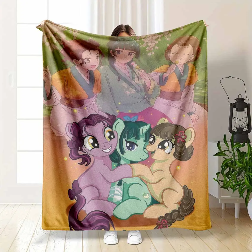Anime Girls & Pony Friends Cartoon Pattern Flannel Blanket - Vibrant Fantasy Garden Illustration, Ultra-Soft, Lightweight, Wrinkle-Resistant, Soft Napping & Decorative Bedroom Blanket, Animated Character Throw for Living Room Sofa, Camping Travel Gift, Ca