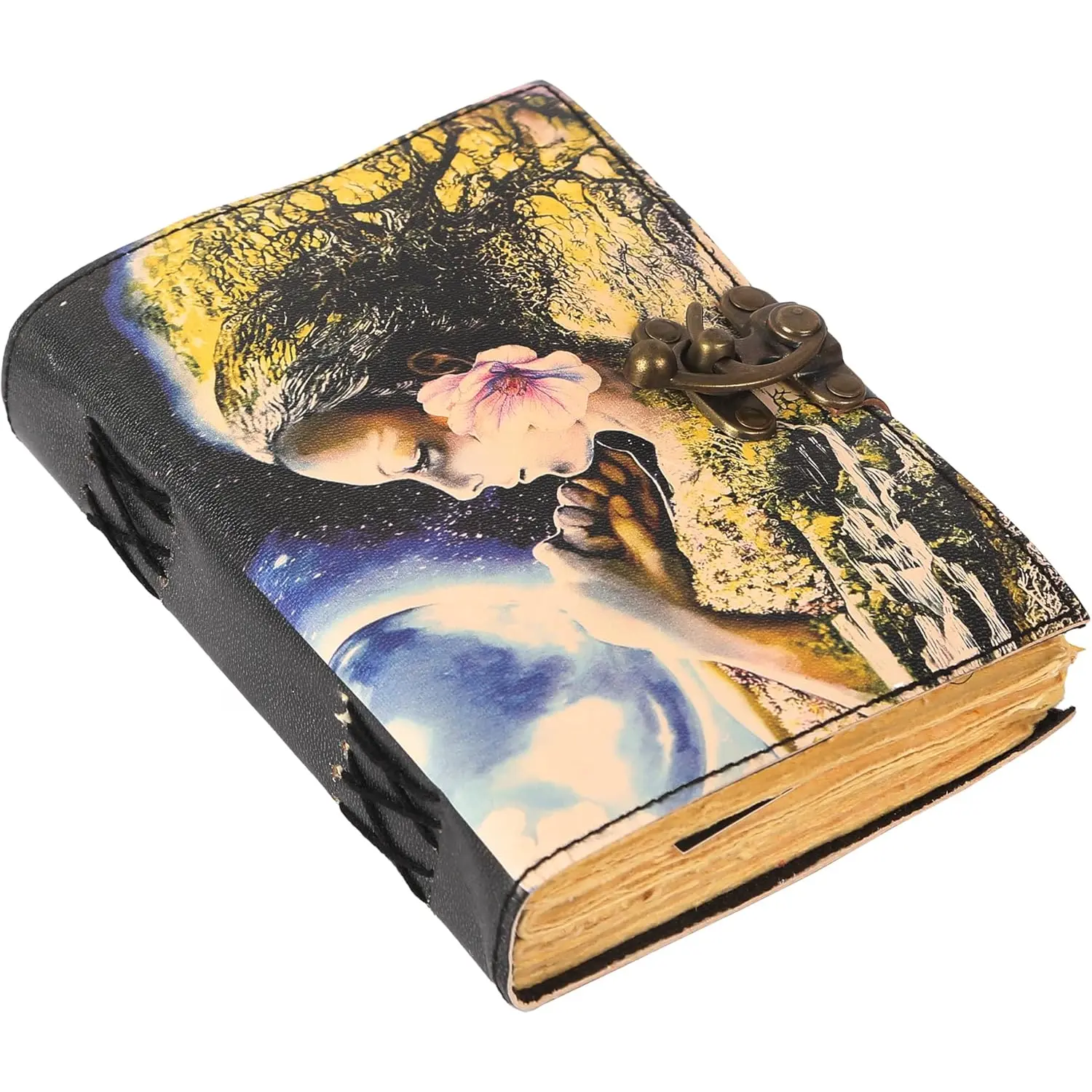 Book of Spells Leather Bound Journal Deckle Edge Paper Grimoire Printed Diary Third Eye   and  Spell Notebook Antique  Book for Men and Women (Guardian Of Nature)