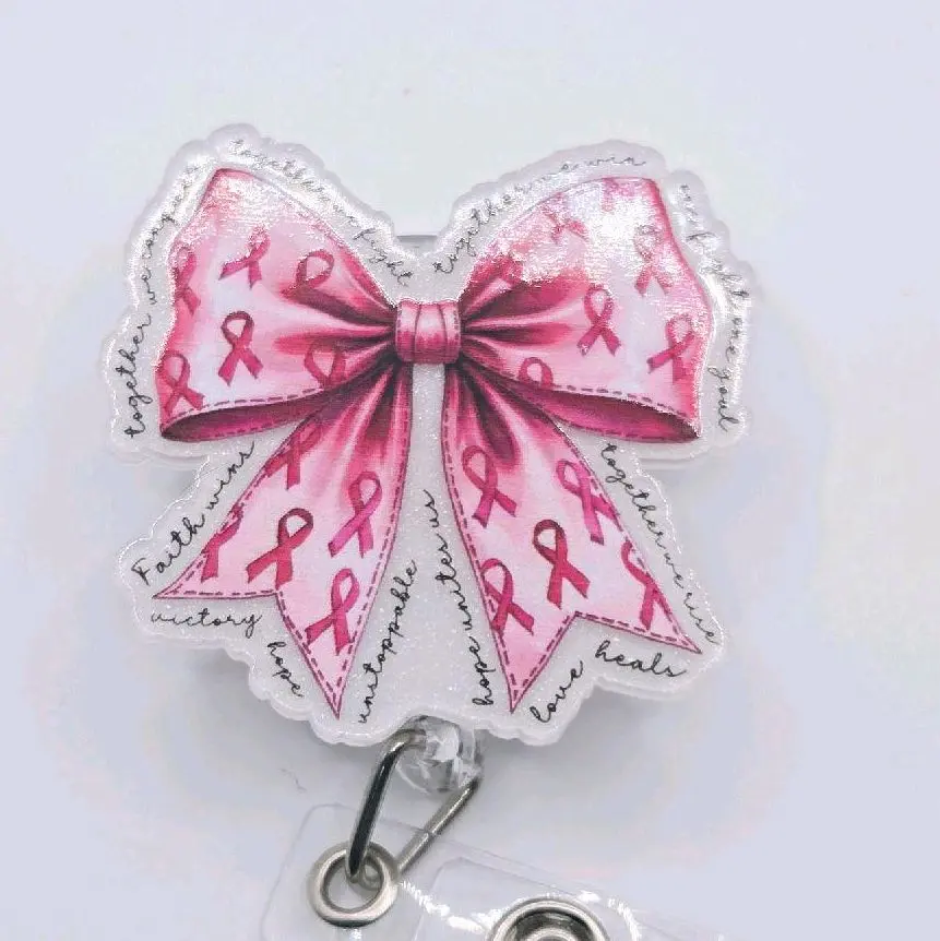 Pink Breast Cancer Awareness Coquette Bow Acrylic Retractable Badge ID Reel Belt or Alligator Clip nurse card creative