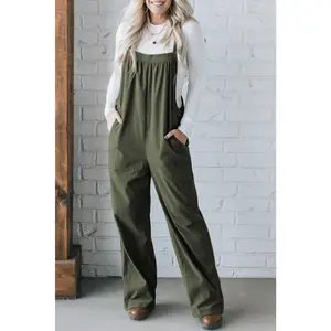 Jungle Green Solid Pocketed Loose Fit Corduroy Overall