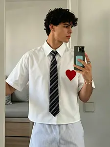 Cropped, Loose-Fit Casual Shirt with Integrated Tie | 3D Plush Pattern | Unique, Trendy, Stylish, Streetwear, Fresh, Minimalist, Outdoor-Ready | Pre-Tied Design
