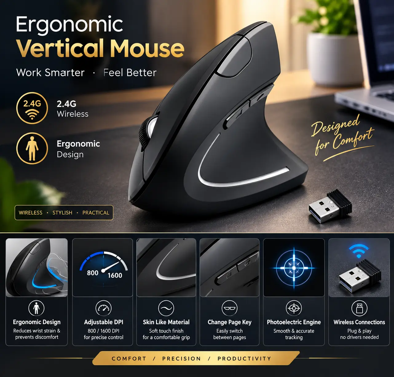 Ergonomic Vertical Wireless Mouse - 2.4GHz Optical, Adjustable DPI, Programmable Buttons, Right-Handed, Wrist Pain Relief for Laptops, PC & Computers