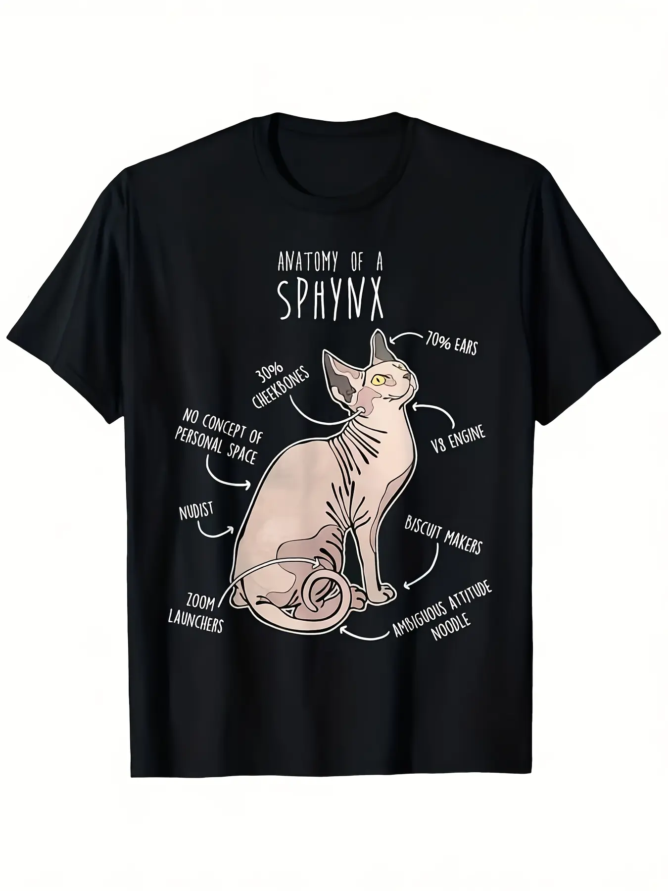 Sphynx Cat Anatomy T-Shirt - Retro Labeled Diagram Tee with Sphynx Mom & Dad, Soft 180gsm Polyester Shirt Suitable for Cat Lovers, Sizes S-XXXL, Gift for Pet Owners, Machine Washable Casual Apparel