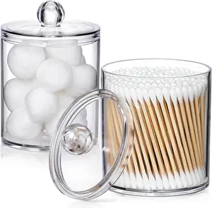 Pack Acrylic Qtip Holder Dispenser for Cotton Swabs, Balls, Pads, Floss Picks- Small Clear Plastic Canister Apothecary Jar Set, Bathroom Essentials Accessories Decor, Vanity Makeup Storage Organizer