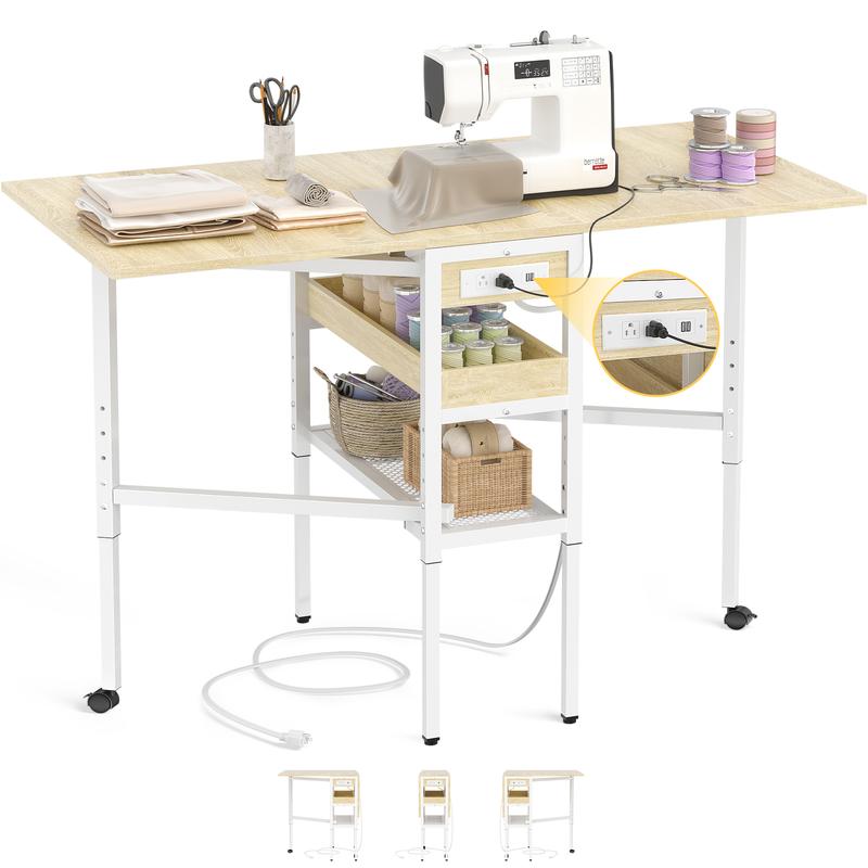 Height Adjustable Folding Sewing Cutting Table with Charging Station 50 Inch Storage Craft Table for Sewing Room & Craft Room