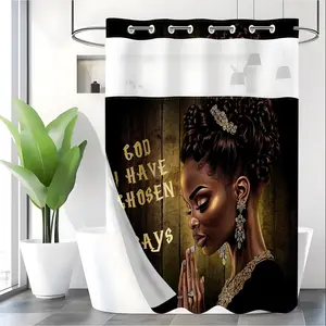 LVRLVR 1pc African American Woman Shower Curtain with Inspirational Quote Print, Sheer Top Window, Detachable Liner & No Hook C-Ring, 70.8" x 74"