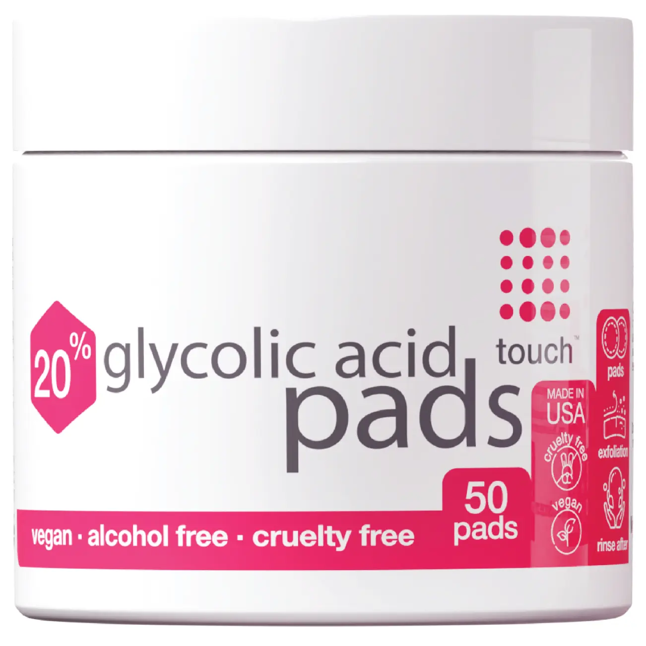 TOUCH 20% Glycolic Acid Pads Exfoliating And Resurfacing AHA Peel Face Wipes - Great for Dullness, Pores, Scars, Fine Wrinkles, Uneven Skin Tone & Texture, 50 Count