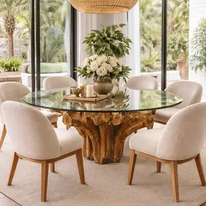 Teak Root Dining Table with Round Tempered Glass Top