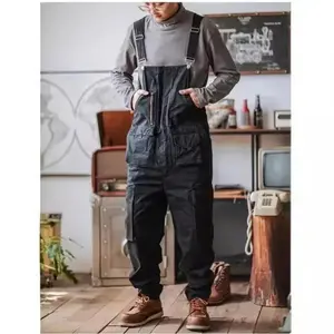 Trendy brand men’s straight-leg multi-pocket work overalls/jumpsuits in light green, hip-hop style, suspender pants for couples, menswear trousers