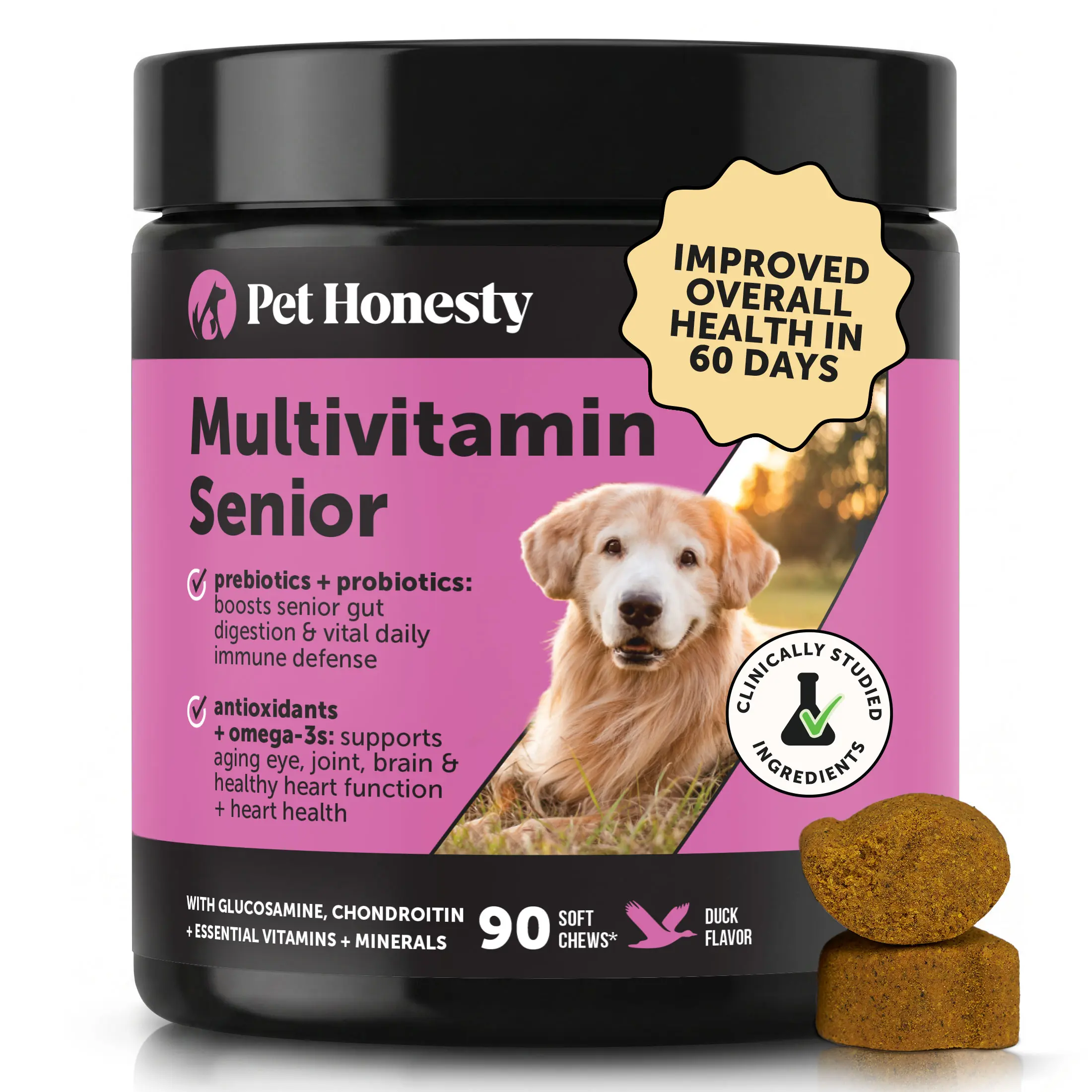 Pet Honesty Multivitamins Chewable Supplements for Senior Dogs with Glucosamine, Omegas + Probiotics, Dog Treats for Immune Health - Duck 90 Chews