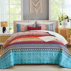 Bohemian Quilt Set King Size, Boho Striped Printed Bedding Bedspread Coverlet Set for All Season, Lightweight Microfiber Quilts with 2 Pillowcases 104"x90", 3 Pieces, Colorful